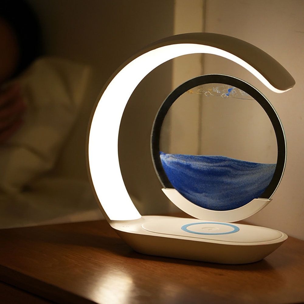Quicksand Table Lamp Wireless Charging Desk Lamp, 3D Hourglass Sand Painting Ornaments Night Light for Office Room Decor