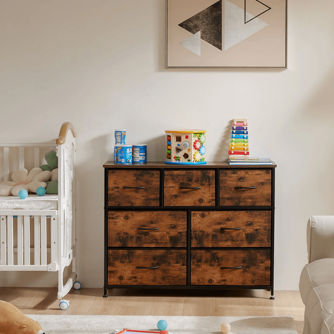 JHK 7 Drawer Fabric Dresser for Bedroom and Closet Organization with Metal Frame and Wooden Top