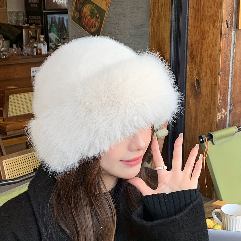 Winter Thick Warm Furry Beanies Hat For Women Imitation Mink Fur Russian Cap Solid Color Plush Brim 4