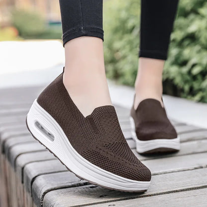 Spring Autumn Women's Swing Shoes Mesh Loafers, Flat Platform Female Shoe Wedges, Wide Width Height Increasing Ladies