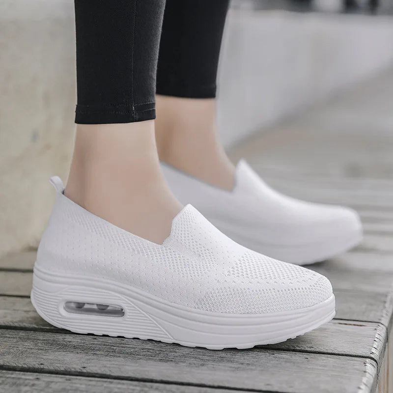 Spring Autumn Women's Swing Shoes Mesh Loafers, Flat Platform Female Shoe Wedges, Wide Width Height Increasing Ladies
