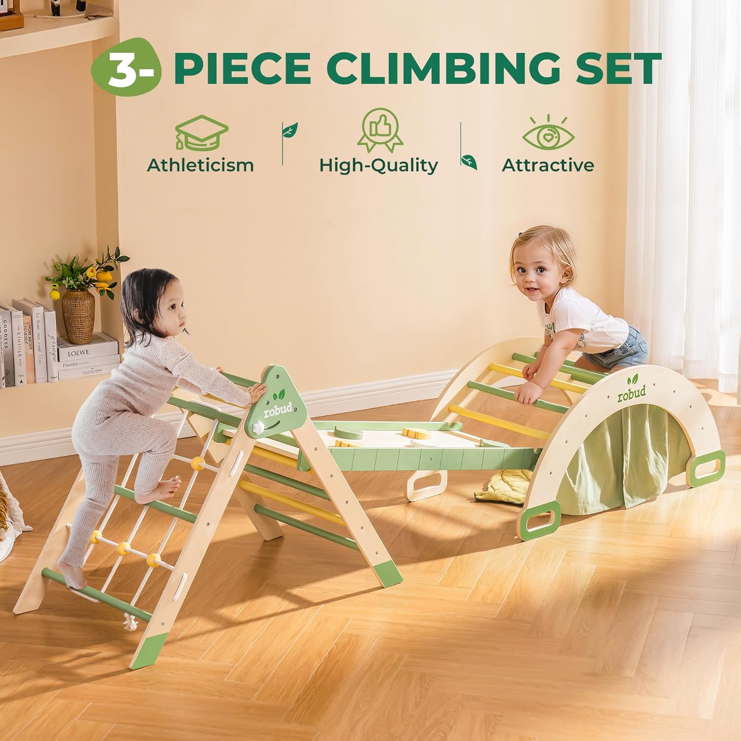 Robotime Robud 7-in-1 Foldable Wooden Climbing Toy Montessori Triangle Set with Slide & Rope Net for Girls & Boys