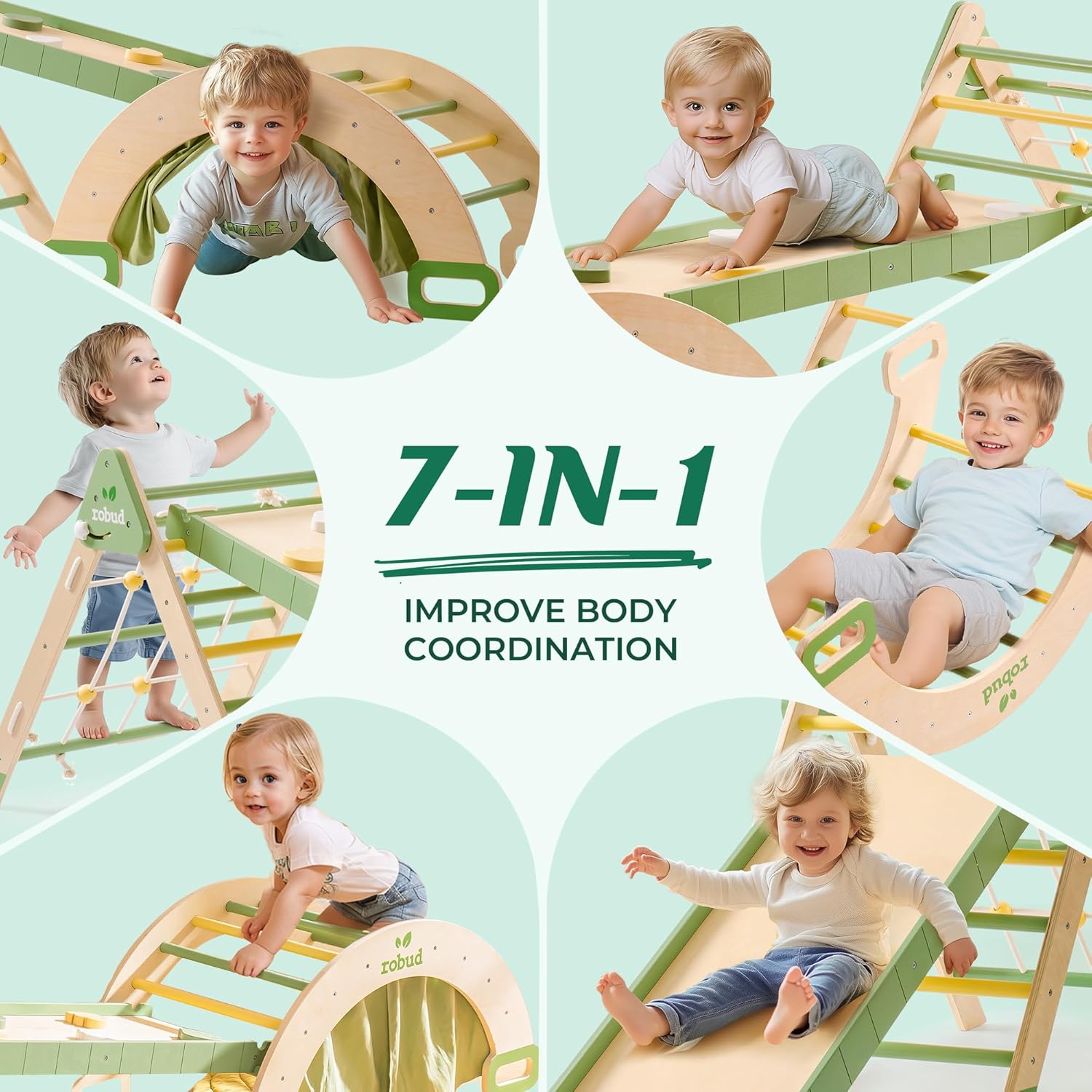 Robotime Robud 7-in-1 Foldable Wooden Climbing Toy Montessori Triangle Set with Slide & Rope Net for Girls & Boys