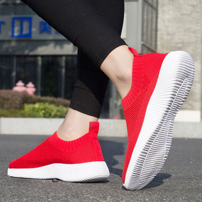 Breathable Spring Women Flat Shoes, Knitted Sock Sneakers, Lightweight Slip-On Casual Walking Sneakers for Women