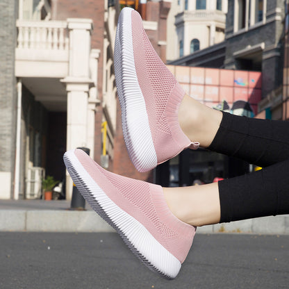Breathable Spring Women Flat Shoes, Knitted Sock Sneakers, Lightweight Slip-On Casual Walking Sneakers for Women