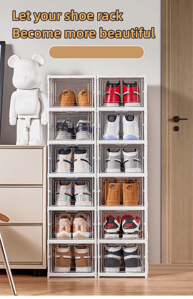 6 Layer Stackable Shoe Storage Box with Transparent Doors for Sneaker and High Top Organization