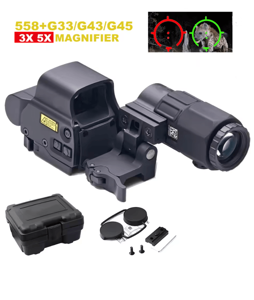 Tactical 558 Red Dot Holographic Sight with G43 Magnifier and Quick Detach Mount for Hunting and Airsoft