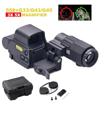 Tactical 558 Red Dot Holographic Sight with G43 Magnifier and Quick Detach Mount for Hunting and Airsoft