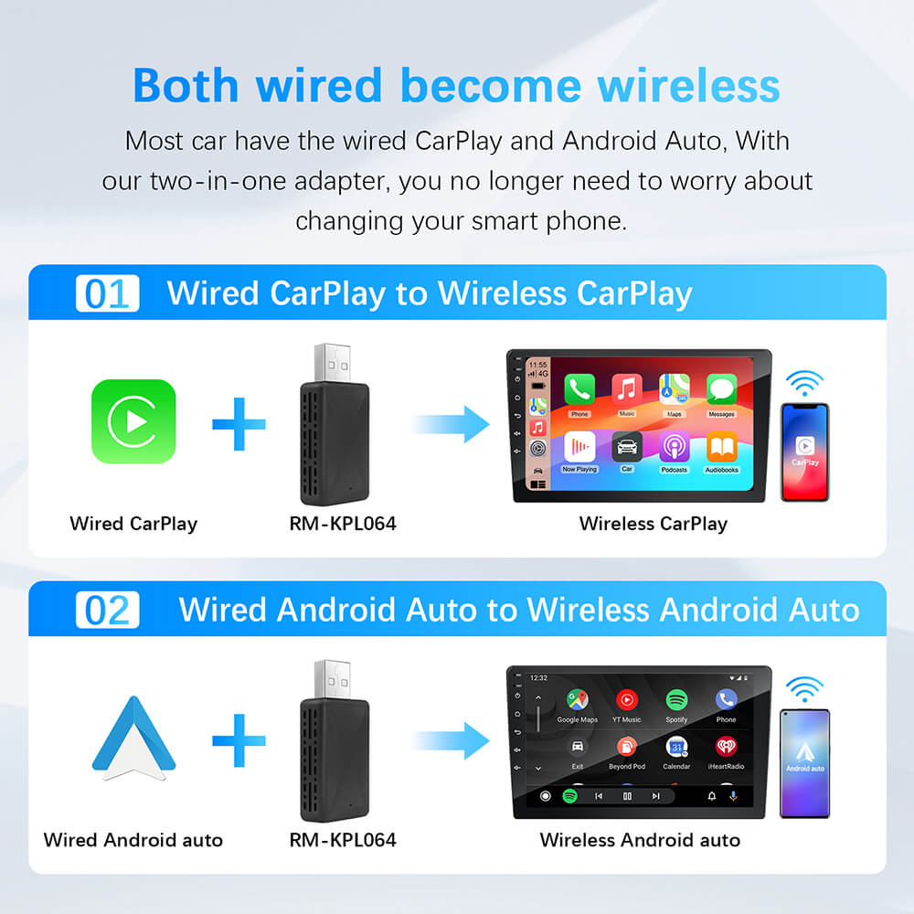 Wireless CarPlay Android Auto Adapter, Convert OEM Wired to Wireless, USB Plug & Play for Factory Car Stereo System