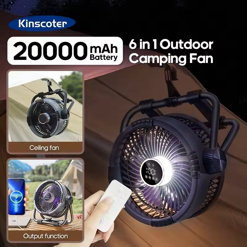 6 in 1 Camping Fan 20000mAh Rechargeable with LED Light and Hook