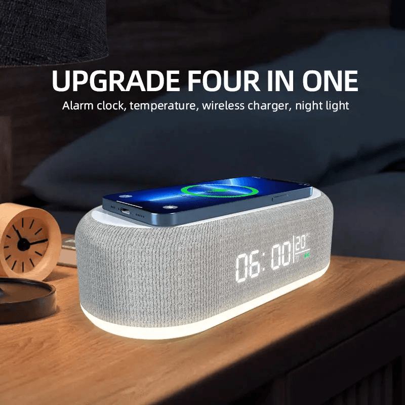 All-in-One Wireless Charger Alarm Clock with LED Display & Thermometer – 15W Fast Charging Station for iPhone, Samsung &