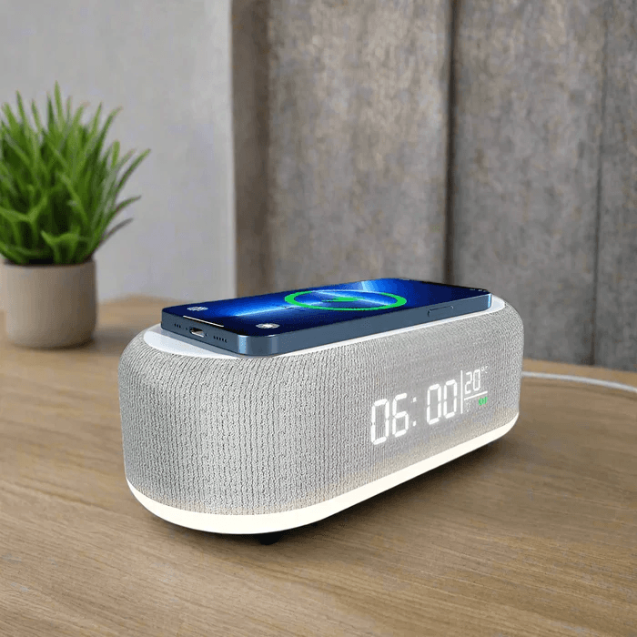 AllinOne Wireless Charger Alarm Clock With LED Display  Thermometer  15W Fast Charging Station For