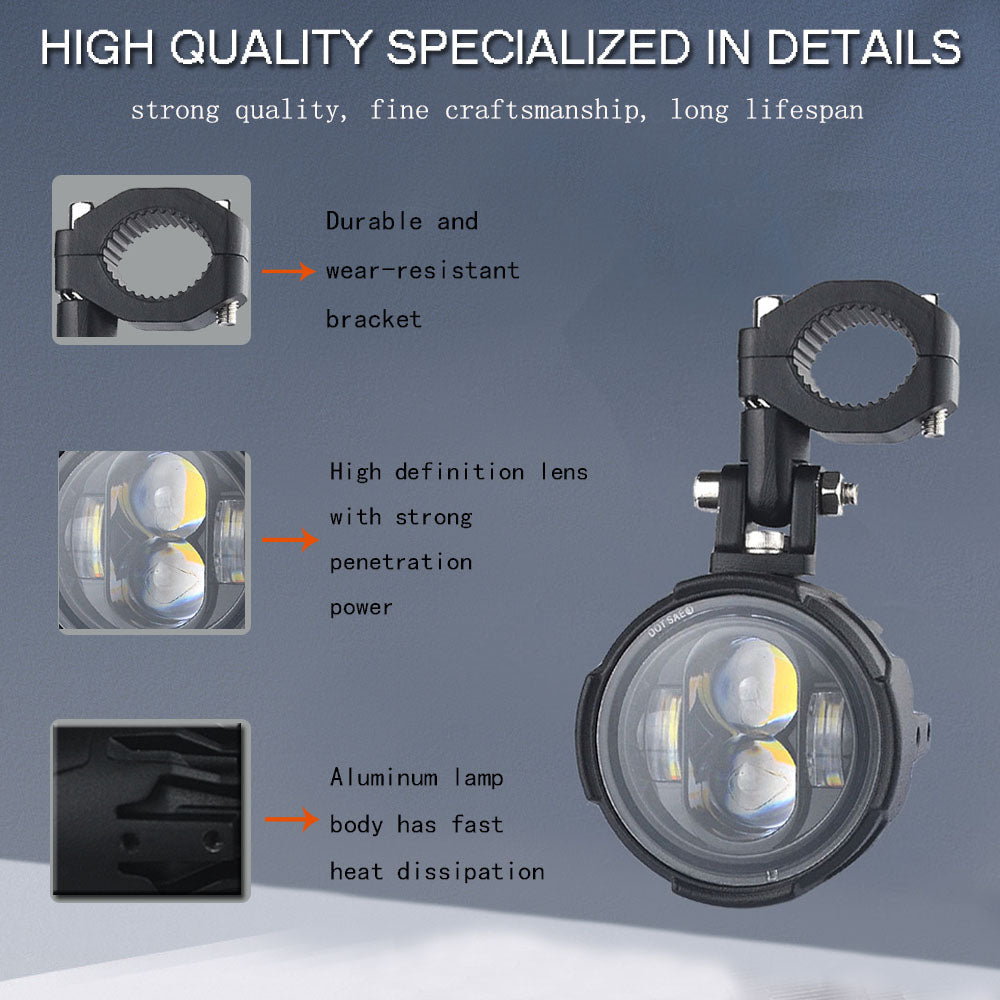 Motorcycle LED Fog Lights Pair, Dual Color Auxiliary Driving Spotlight Headlamp Flasher Farol Moto Light for Riding