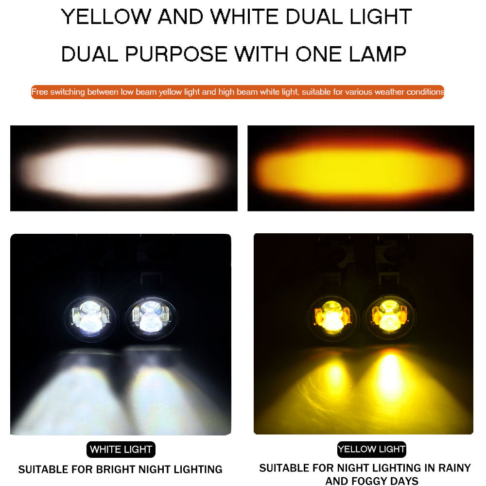 Motorcycle LED Fog Lights Pair, Dual Color Auxiliary Driving Spotlight Headlamp Flasher Farol Moto Light for Riding