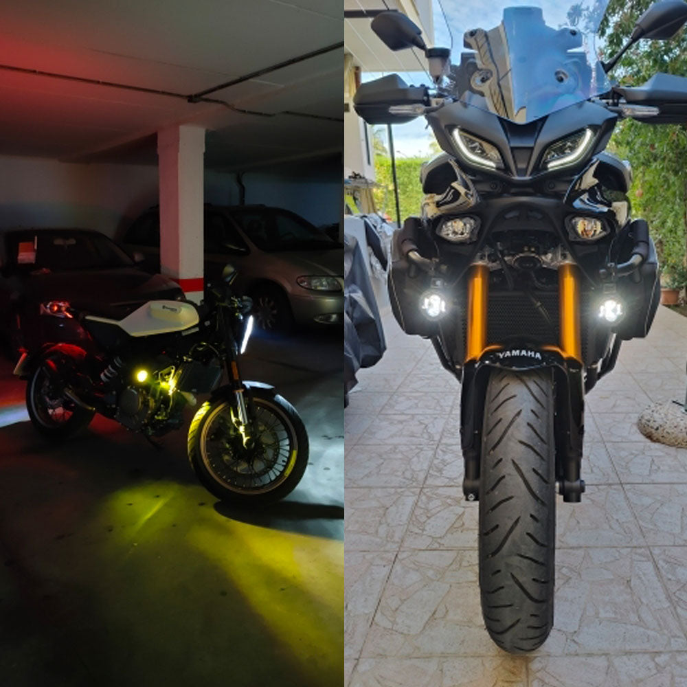 Motorcycle LED Fog Lights Pair, Dual Color Auxiliary Driving Spotlight Headlamp Flasher Farol Moto Light for Riding