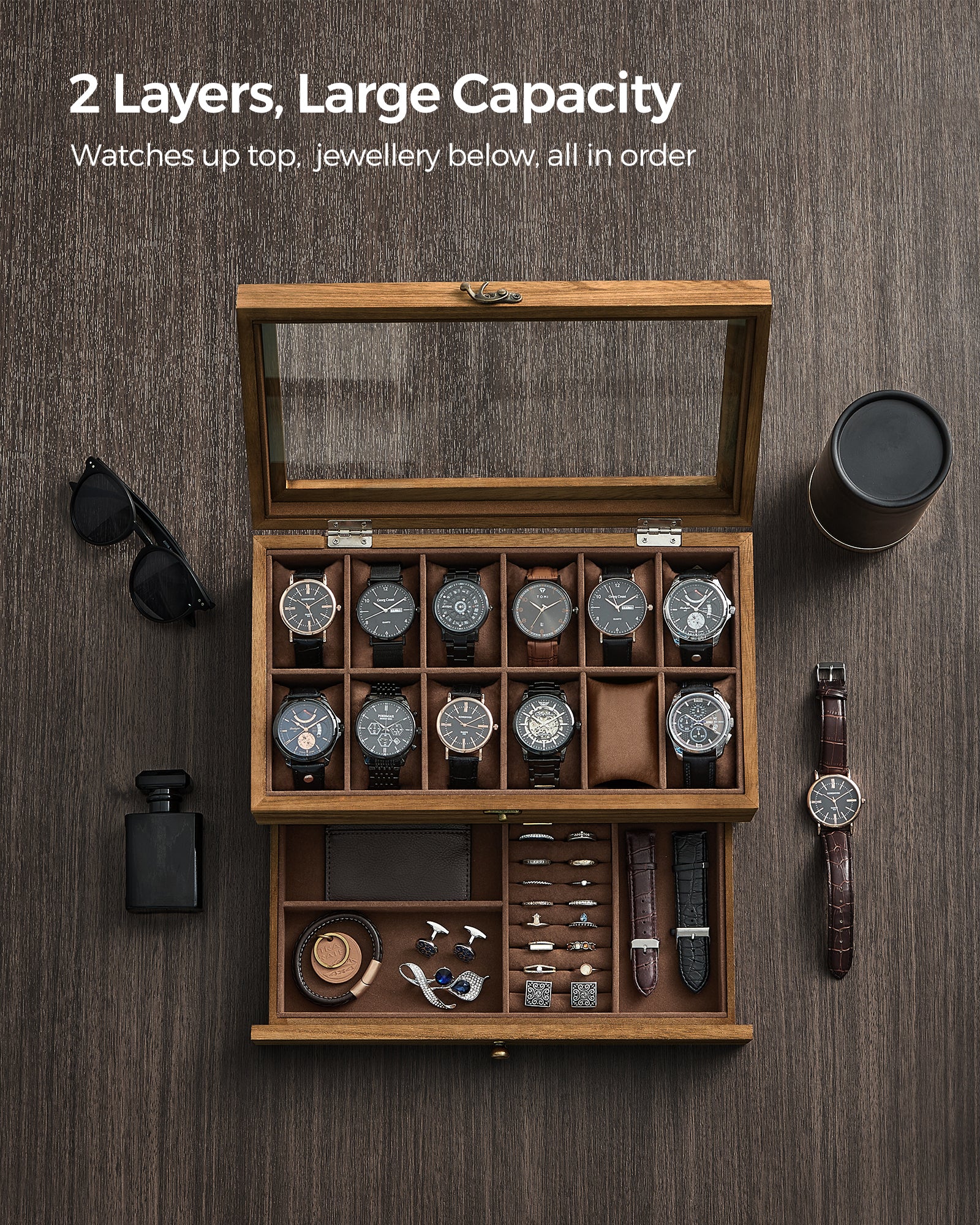 12Slot Watch Box 2Tier Watch Display Case With Large Glass Lid Velvet Lining  Removable Watch Pillo 1