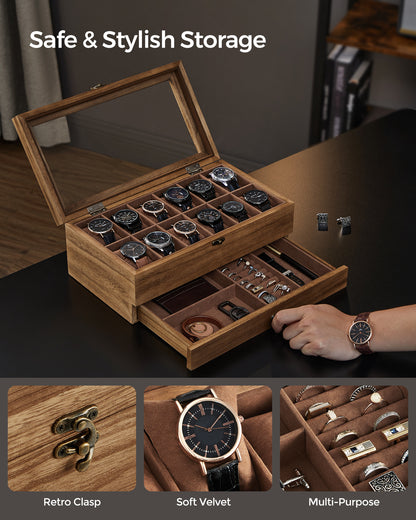 12Slot Watch Box 2Tier Watch Display Case With Large Glass Lid Velvet Lining  Removable Watch Pillo 2