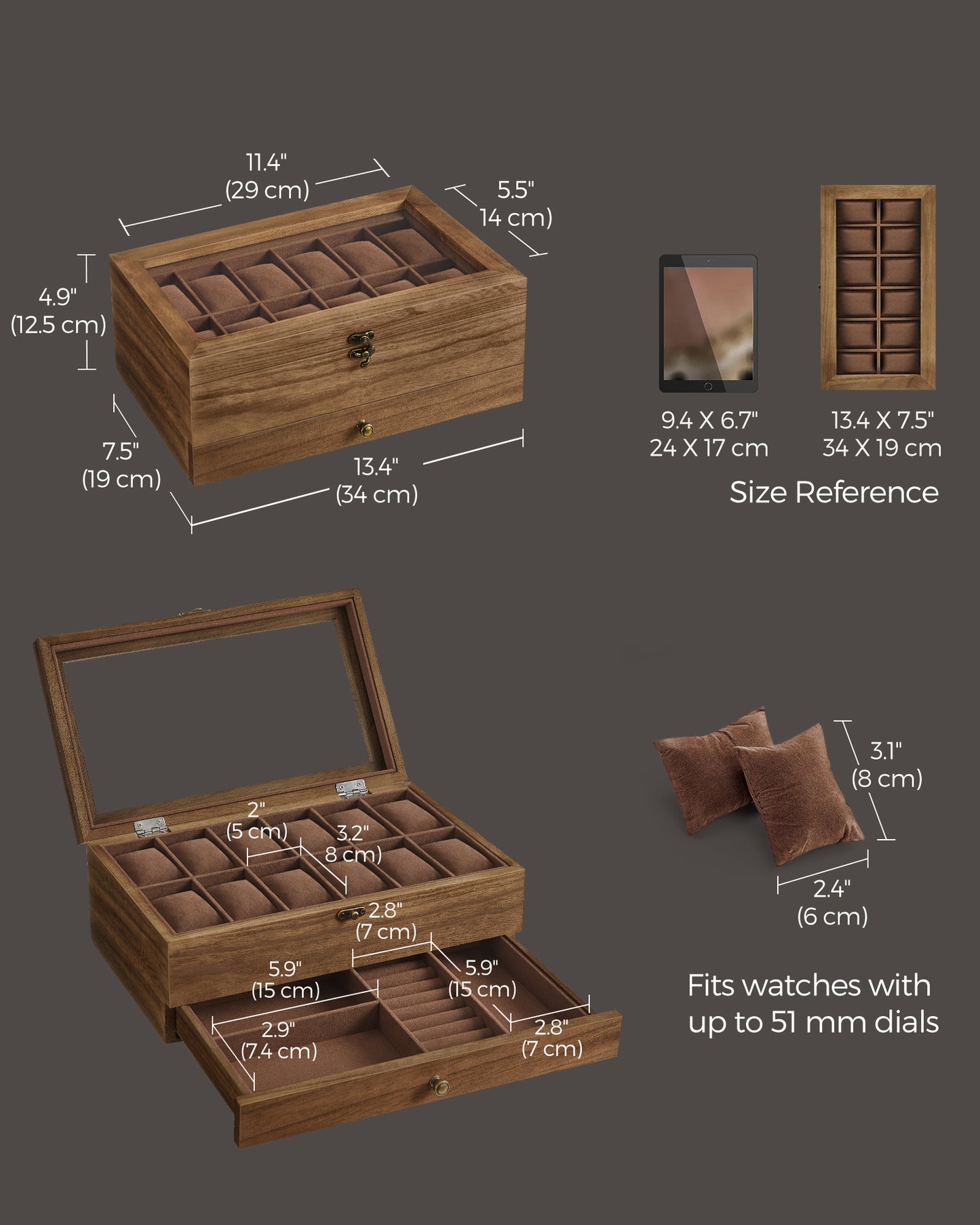 12Slot Watch Box 2Tier Watch Display Case With Large Glass Lid Velvet Lining  Removable Watch Pillo 3