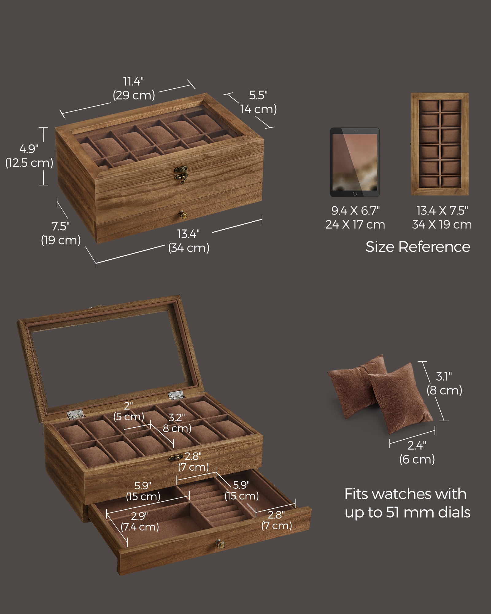 12Slot Watch Box 2Tier Watch Display Case With Large Glass Lid Velvet Lining  Removable Watch Pillo 3