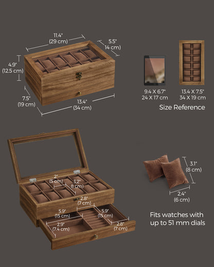 12Slot Watch Box 2Tier Watch Display Case With Large Glass Lid Velvet Lining  Removable Watch Pillo 3
