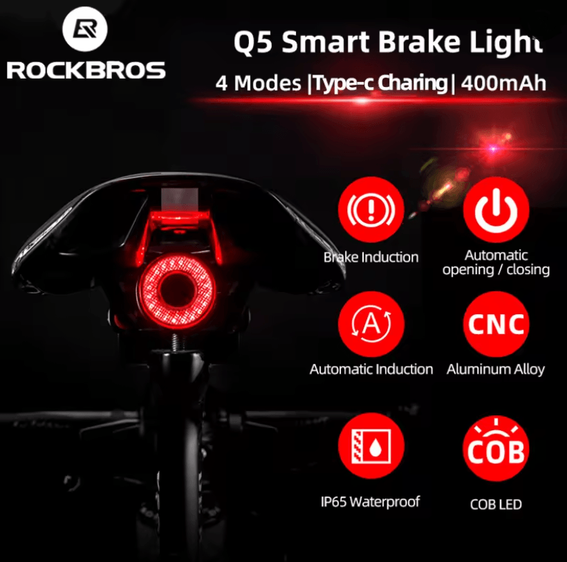ROCKBROS Smart Bike Brake Light with Auto Sensing and Waterproof LED Rear Light for Cycling Safety