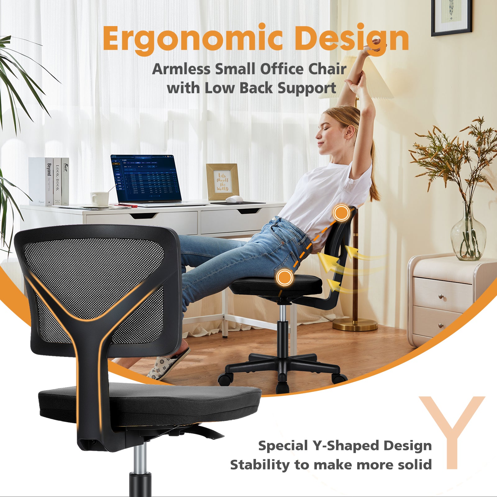JHK Mesh With Lumbar Support Armless Office Chair Low Back With Wheels Adjustable Height 360 Rollin 3