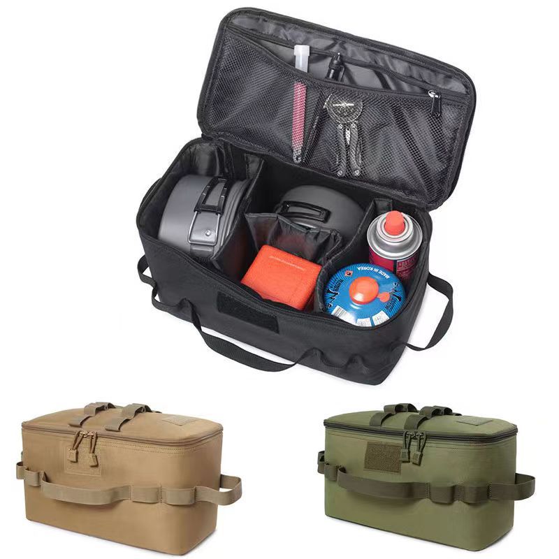 Camping Gas Canister Storage Bag, Foldable Outdoor Tool Organizer with Large Capacity, Ground Nail, Picnic Cookware