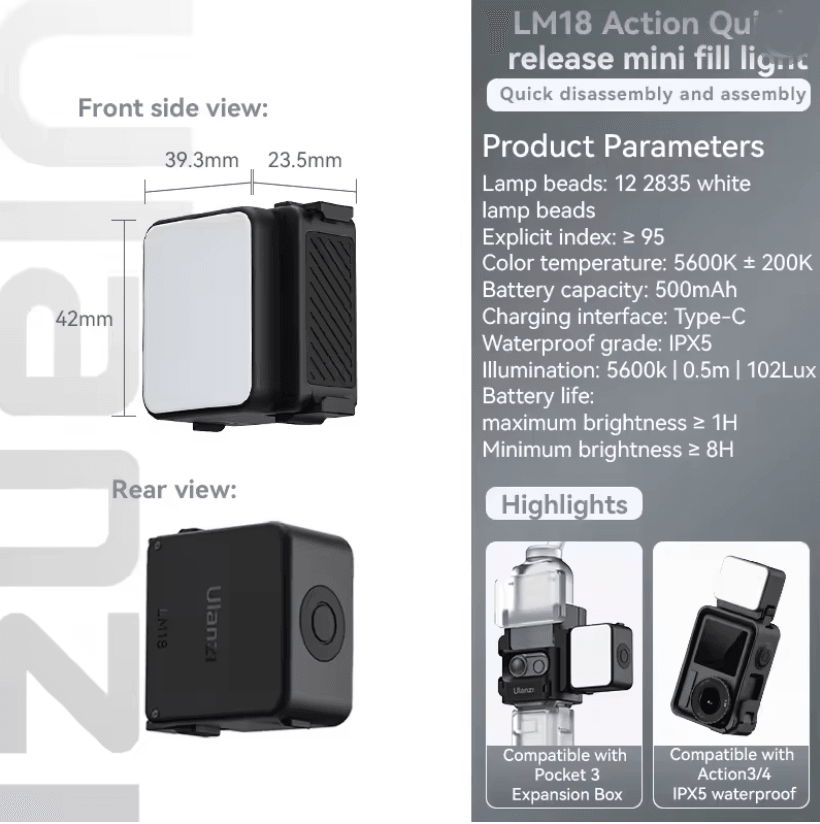 Ulanzi LM18 Waterproof LED Video Light for Action Cameras and Underwater Filming