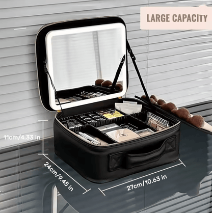 Travel Makeup Bag with LED Lighted Mirror and Adjustable Dividers for Cosmetics and Accessories