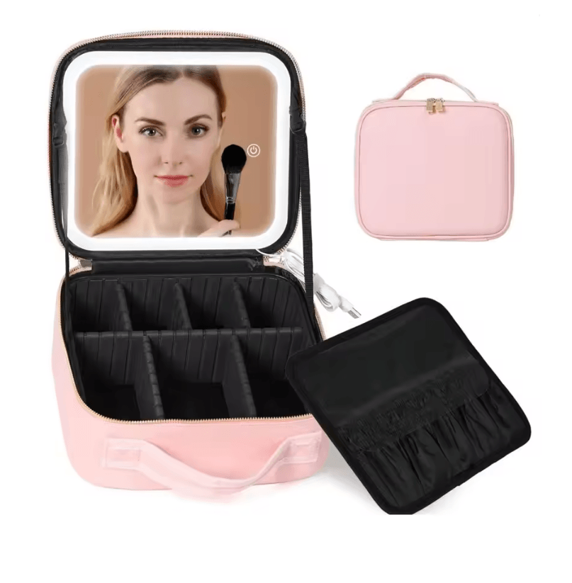 Travel Makeup Bag With LED Lighted Mirror And Adjustable Dividers For Cosmetics And Accessories 3