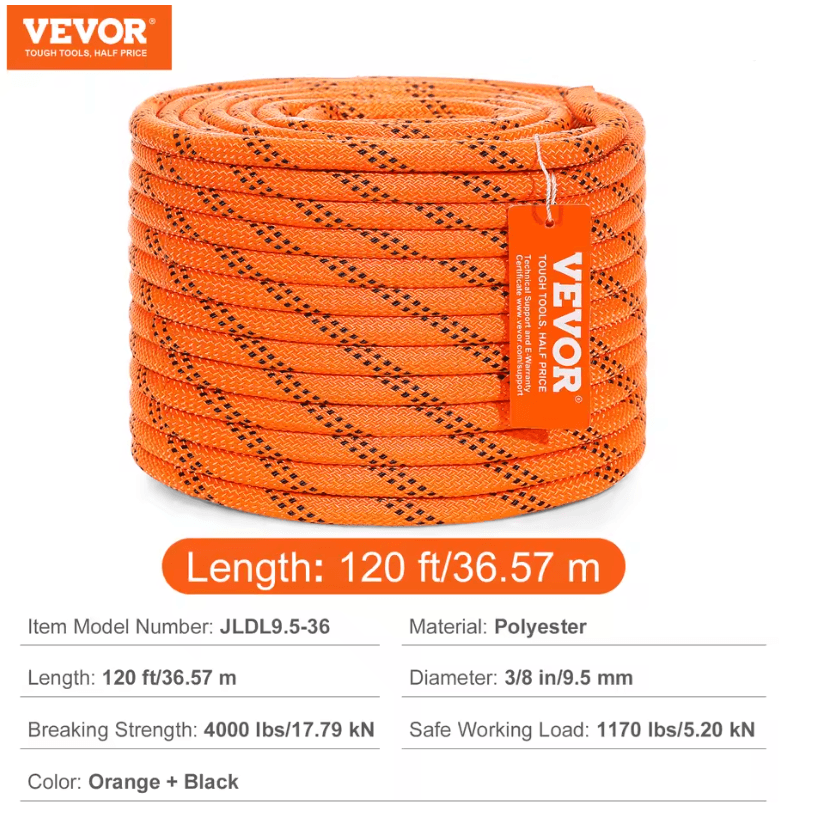 VEVOR 120FT Dual Weave Polyester Arborist Rope For Tree Work Climbing And Outdoor Utility 2