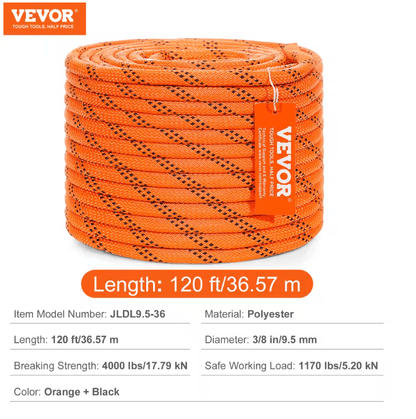 VEVOR 120FT Dual Weave Polyester Arborist Rope For Tree Work Climbing And Outdoor Utility 2