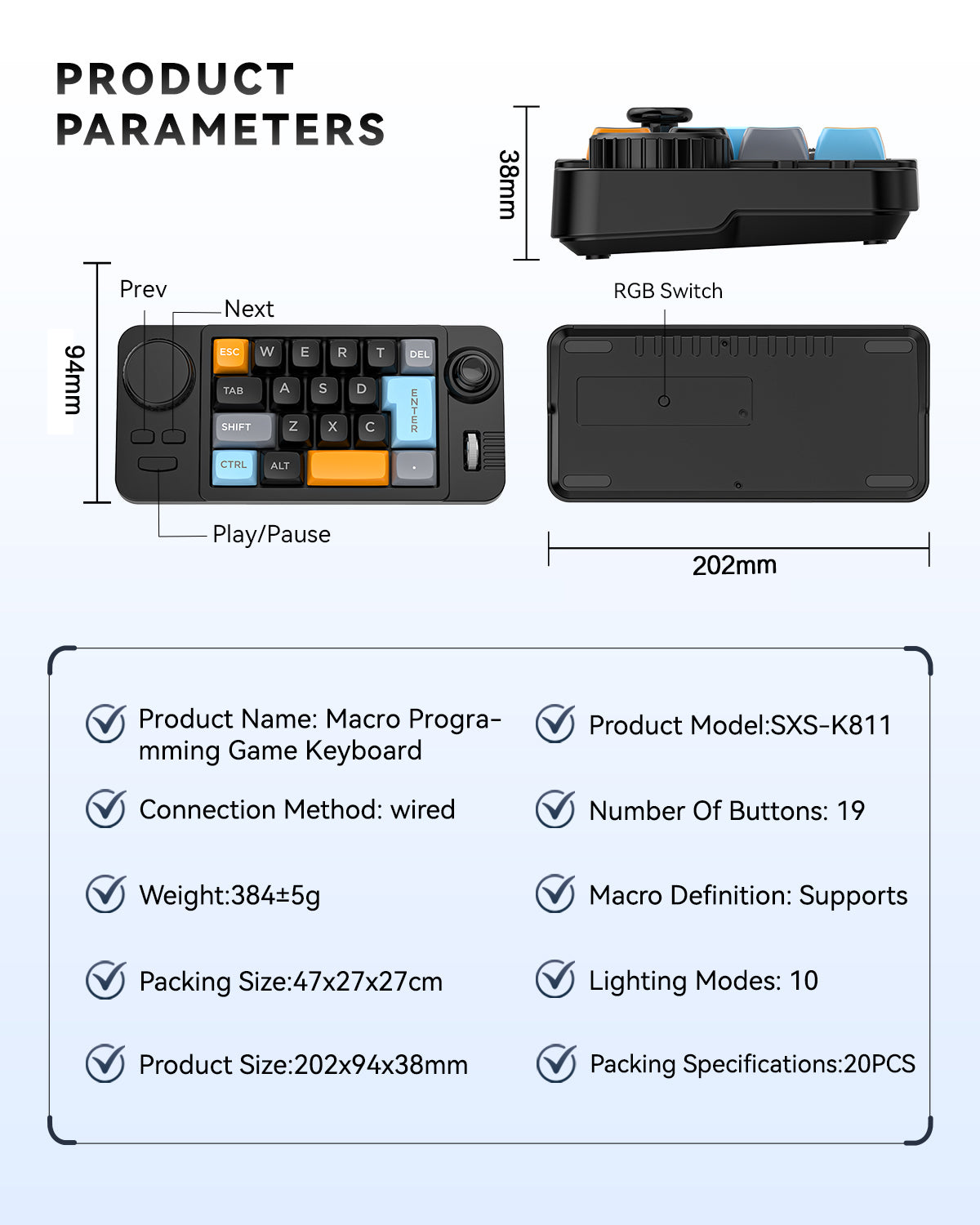 Programmable Wired Mechanical Keyboard with Volume Scroll Wheel, Game Joystick 19-Key Hot-Swappable Keypad for Mac