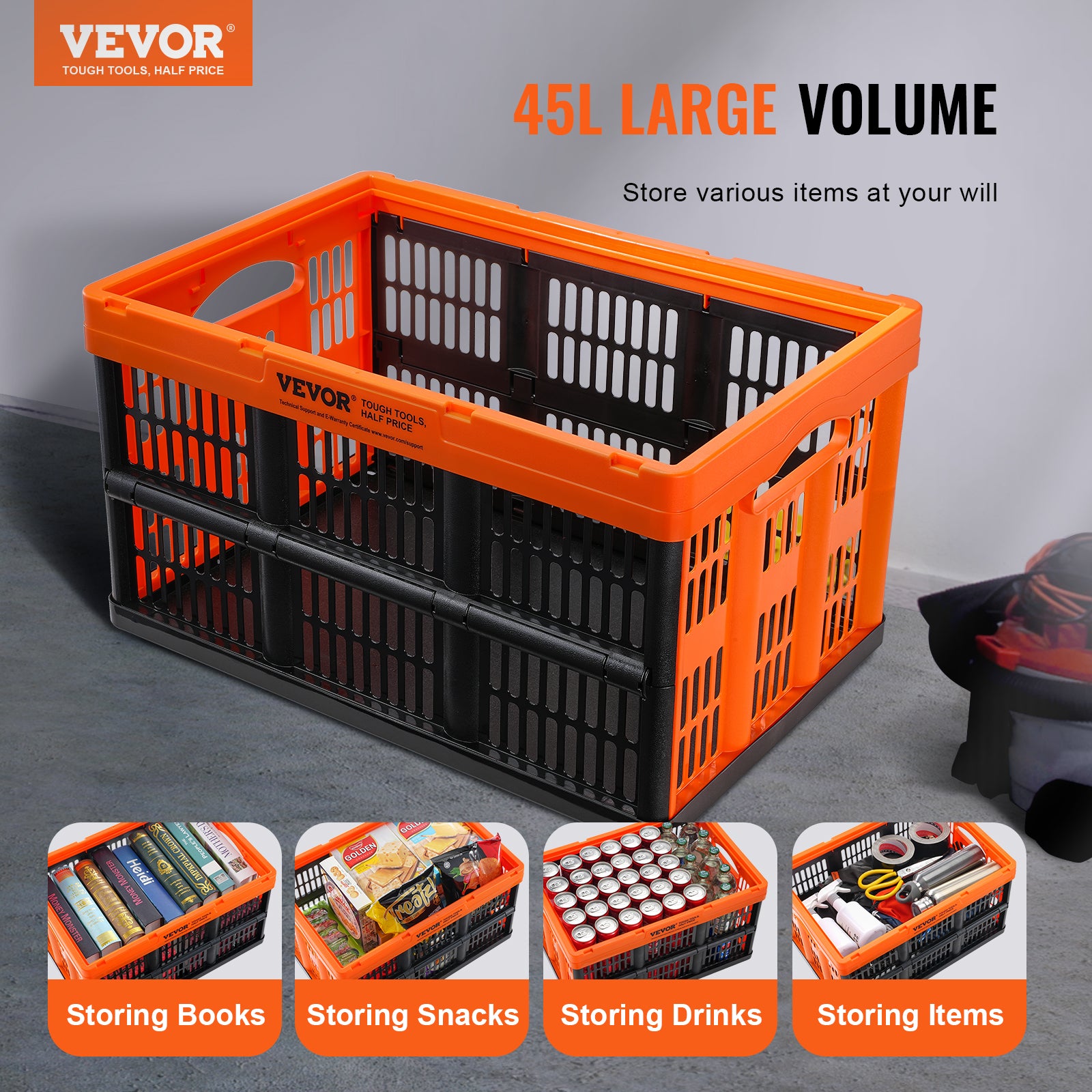 Plastic Collapsible Storage Basket, Folding Bins with Handles, Stackable Containers for Clothes Grocery Toys