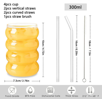 Ribbed Glassware Cups with Straws, Clear Creative Coffee Mugs, Iced Tea, Juice & Cocktail Drinking Glasses for Home