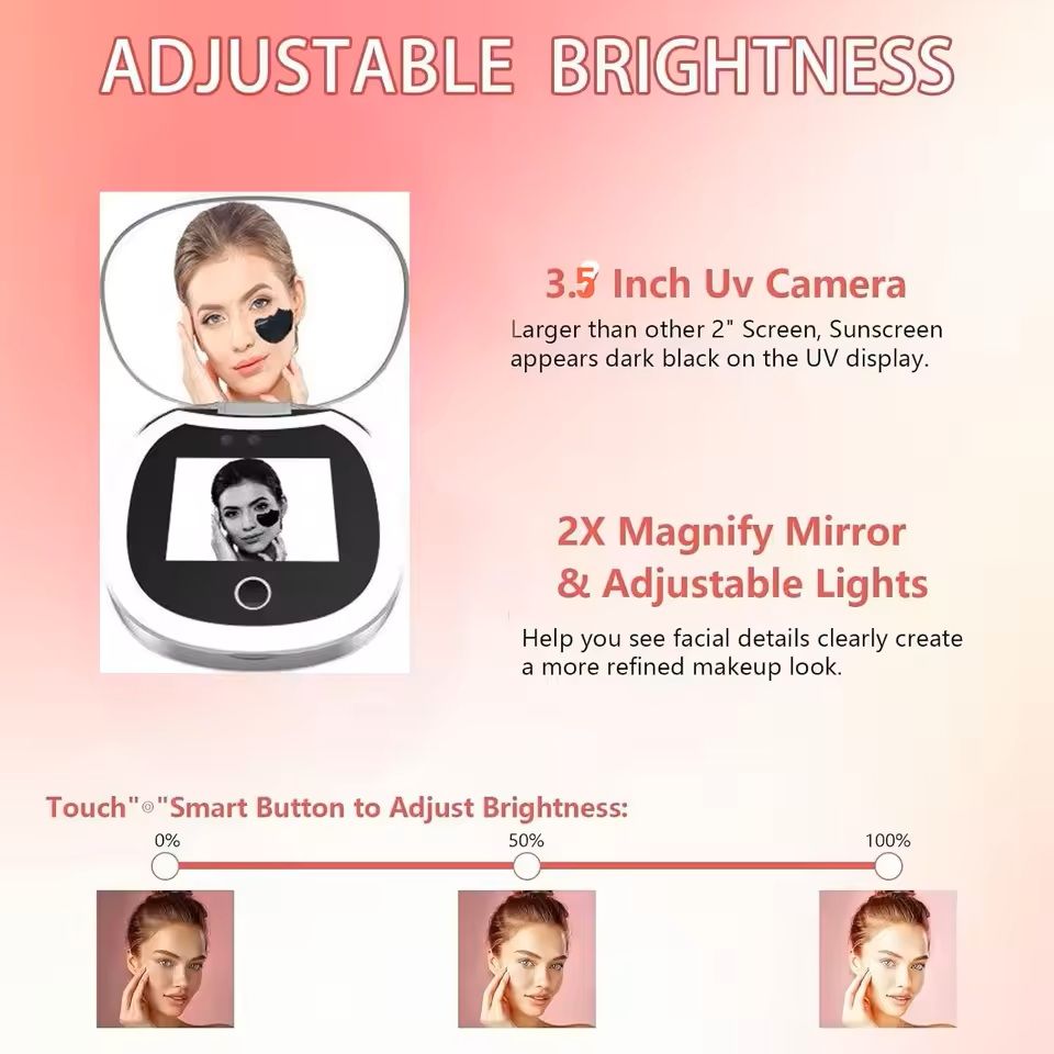 UV Mirror With Light And 2X Magnification Pocket Sunscreen Testing Camera 3