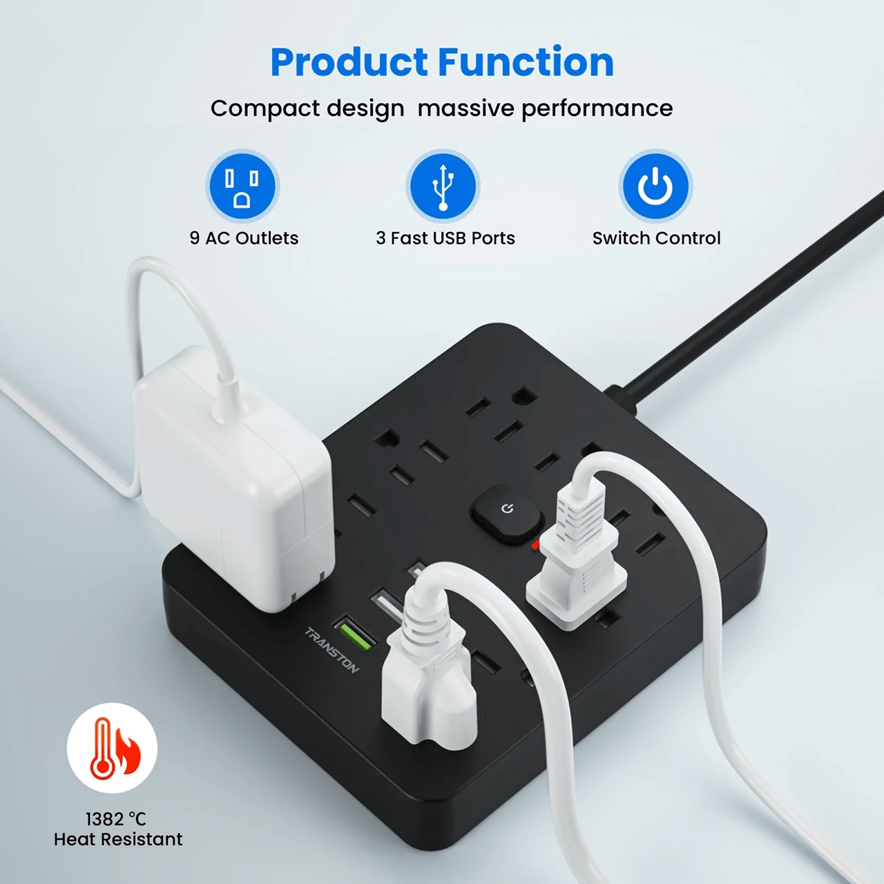 Transton 9 Outlet Power Strip With USB Ports And Surge Protection 3