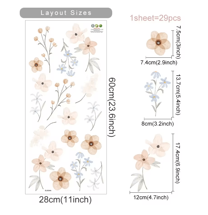 Boho Watercolor Flower Wall Decals  Removable EcoFriendly Floral Stickers For Bedroom And Living Ro 9