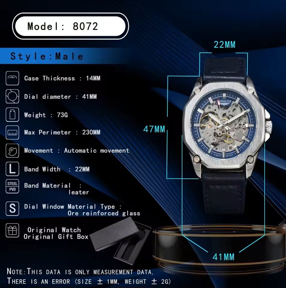 Automatic Mechanical Watch Hollow Dial Leather Strap For Men 4