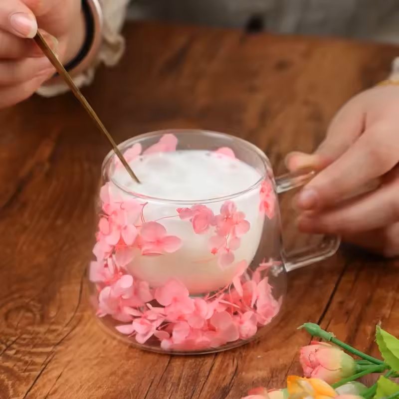 200ml Double Wall Glass Cup With Floral Design And Handle 4
