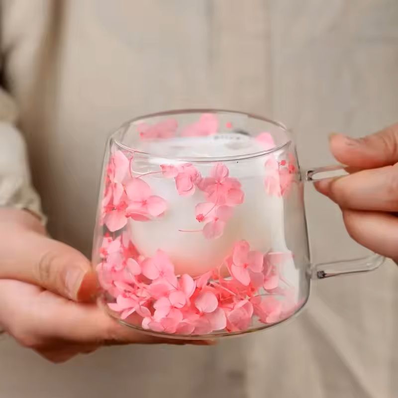 200ml Double Wall Glass Cup With Floral Design And Handle 5