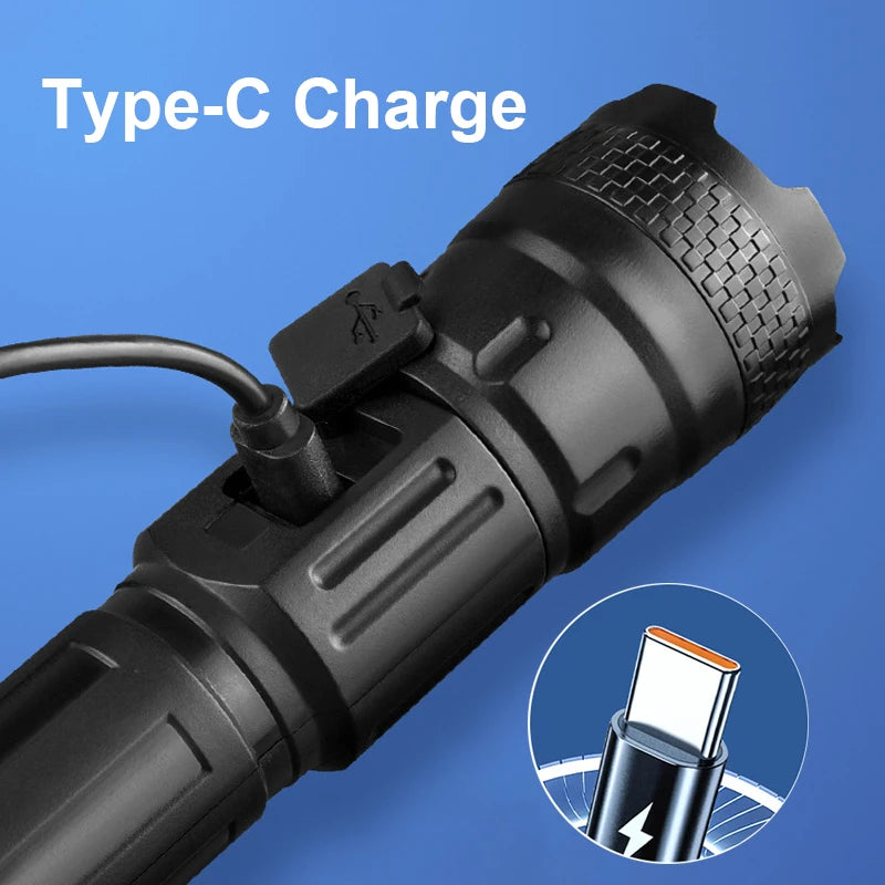 Multifunctional High Power LED Flashlight, USB Rechargeable Handheld Torch with Built-in Battery for Camping