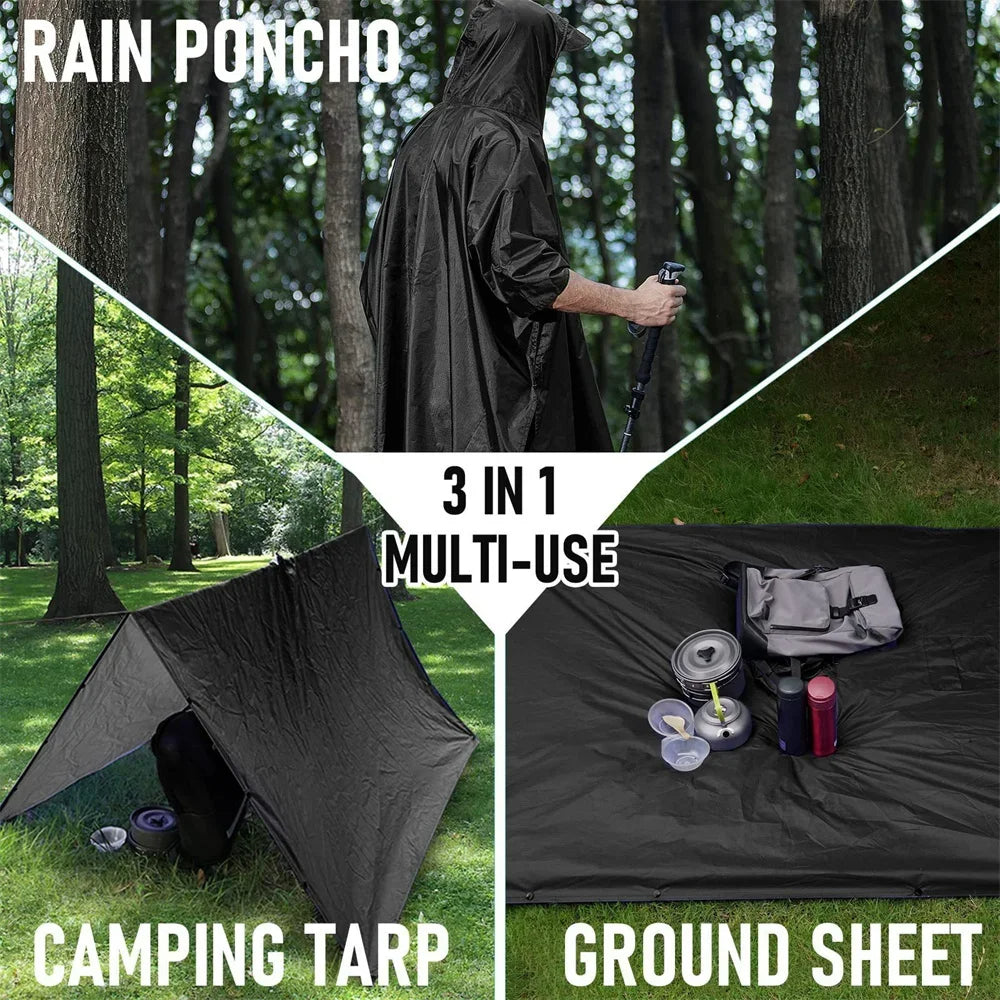 Multi-Use 3 In 1 Military Raincoat Waterproof Hooded Poncho, Camping Tent, Motorcycle Rain Cover & Travel Rainwear