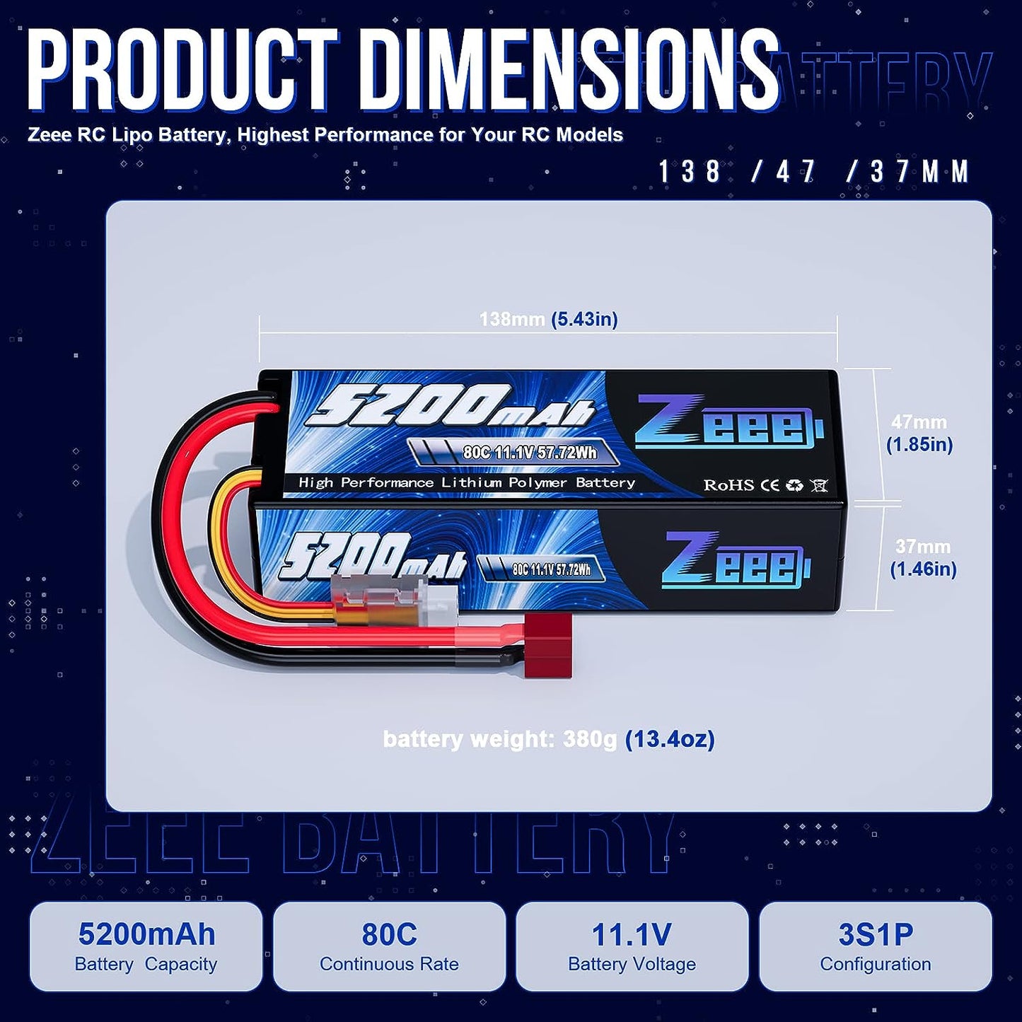 Zeee 3S 5200mAh Lipo Battery 111V 80C Hardcase With TXT60EC35 Plug For RC Car Buggy Truck FPV Drone 1