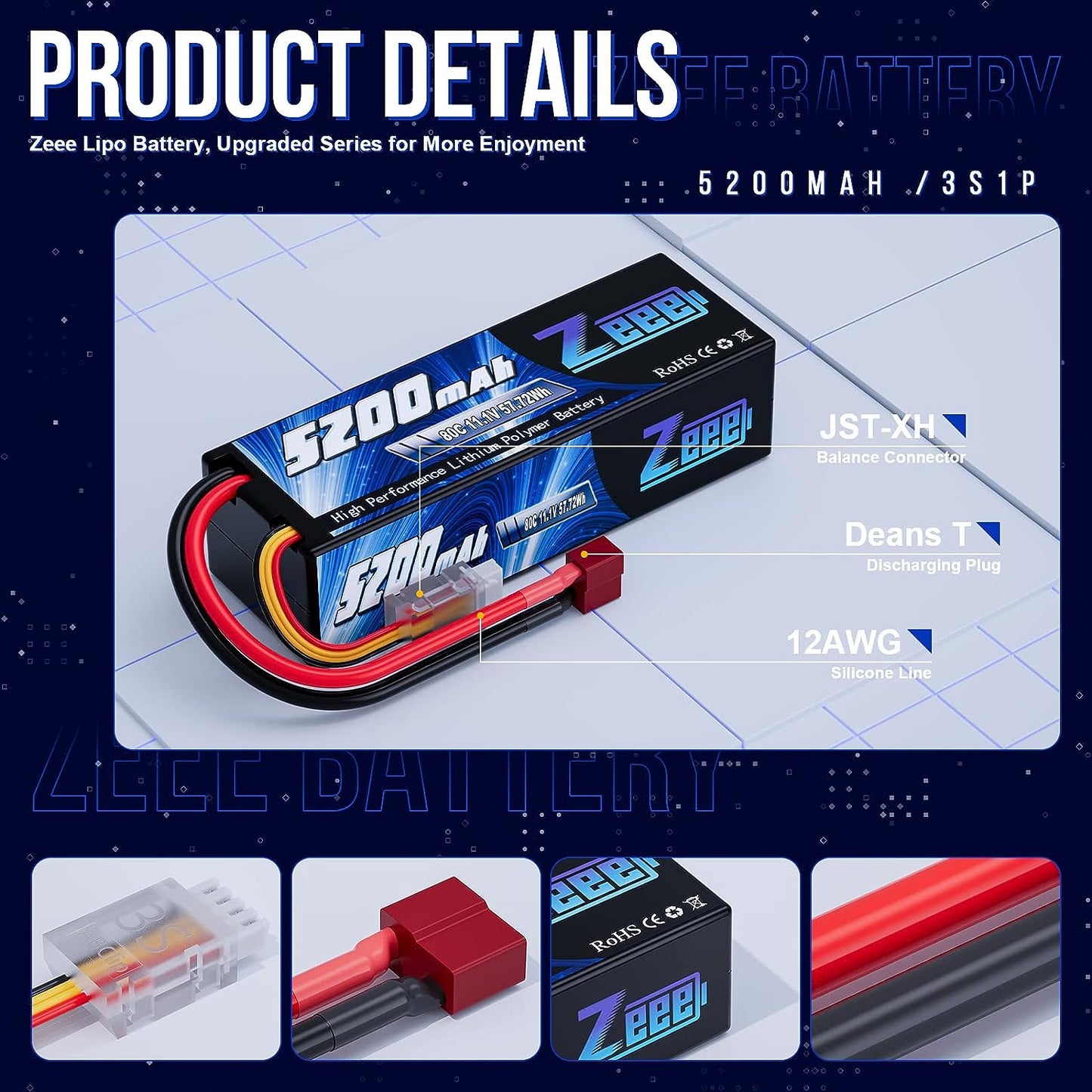 Zeee 3S 5200mAh Lipo Battery 111V 80C Hardcase With TXT60EC35 Plug For RC Car Buggy Truck FPV Drone 2