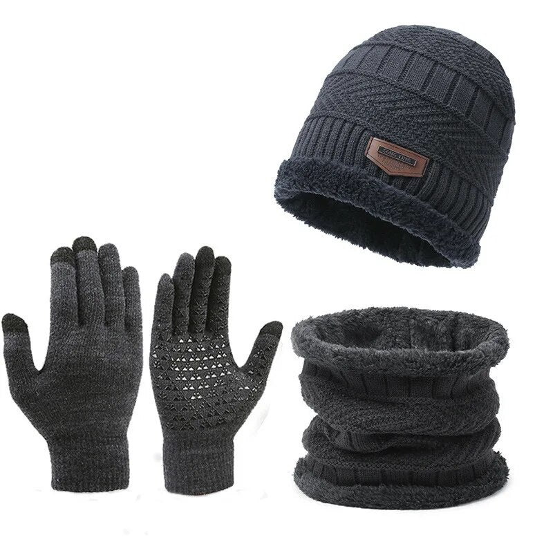 3-Piece Men Winter Set, Windproof Hat, Outdoor Scarf & Gloves | One Plus Cashmere Insulated Knit Hat for Extreme Cold