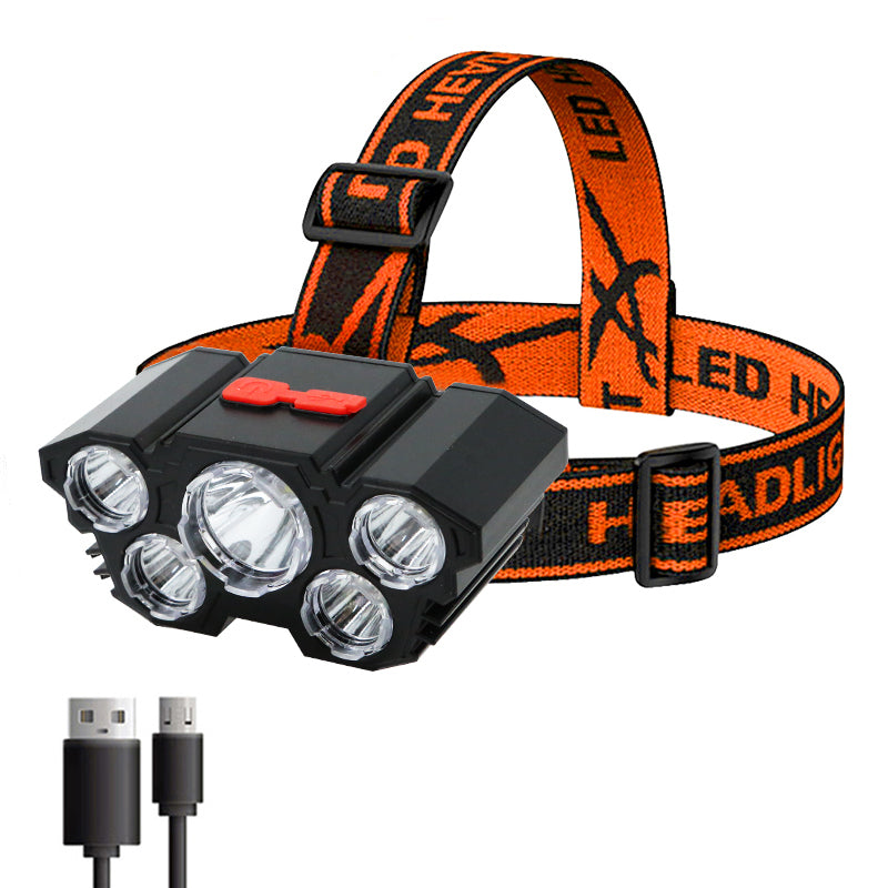 Strong LED Headlamp Flashlight, Rechargeable Built in Battery, 5 LED Light for Camping, Adventure & Fishing