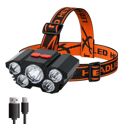 Strong LED Headlamp Flashlight, Rechargeable Built in Battery, 5 LED Light for Camping, Adventure & Fishing