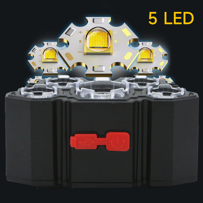 Strong LED Headlamp Flashlight, Rechargeable Built in Battery, 5 LED Light for Camping, Adventure & Fishing