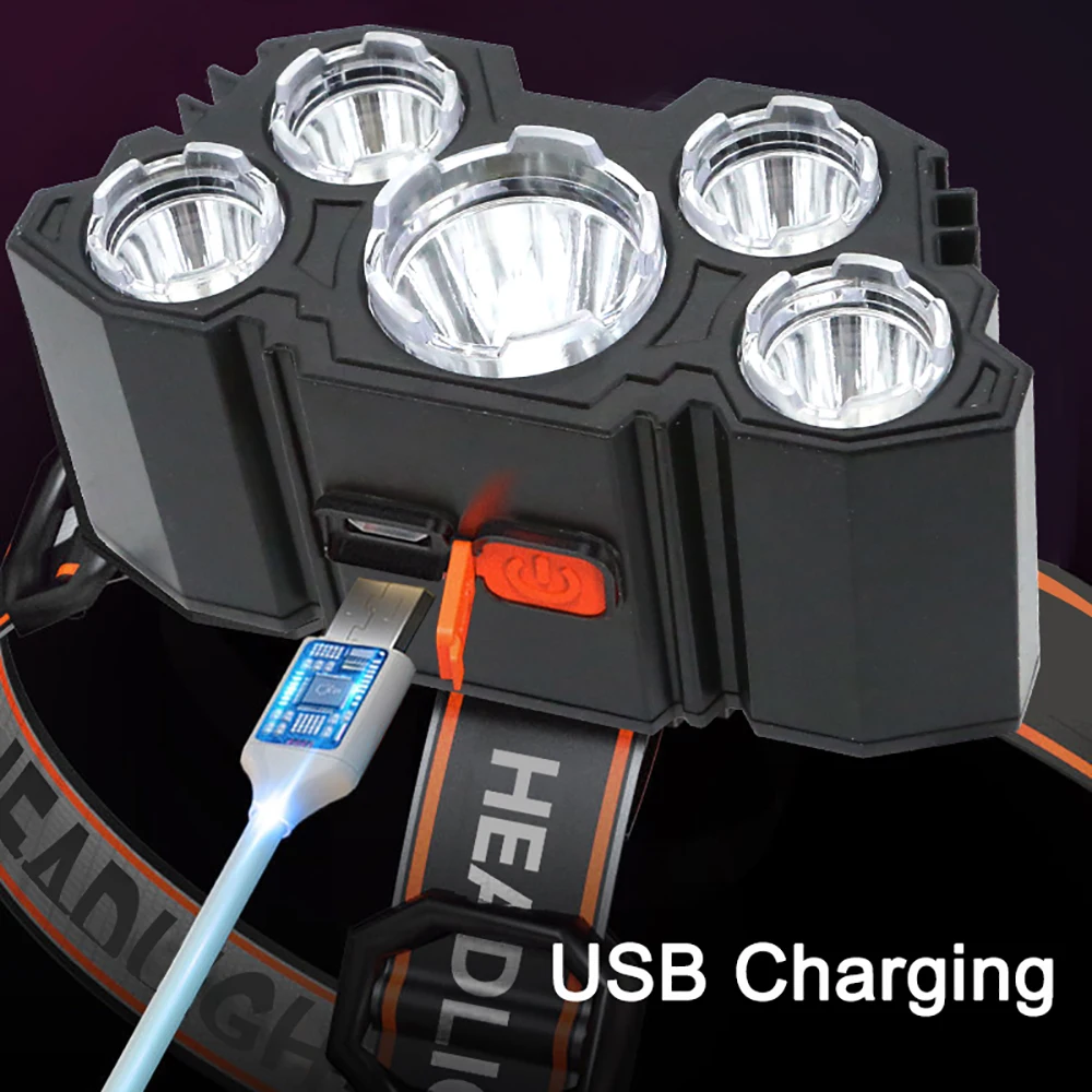Strong LED Headlamp Flashlight, Rechargeable Built in Battery, 5 LED Light for Camping, Adventure & Fishing